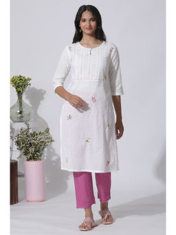 W - Swiss Textured Pure Cotton Embroidered Straight Kurta with Schiffli Yoke