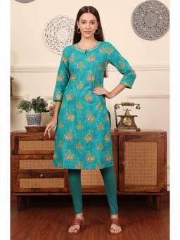 W - Dark Teal Floral Printed Embroidered Cotton Lurex Kurta