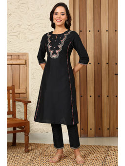 W - Black Solid Dori Embroidered Festive Straight Kurta