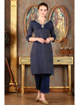 W - Blue Cotton Lurex Festive Kurta with Embroidered Neckline