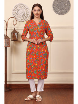 W - Orange Floral Printed Rayon Straight Kurta