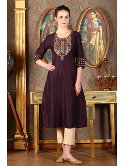 W - Solid Flared Kurta with Embroidered Yoke