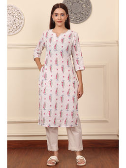 W - Off White Floral and Leaf Printed Textured Pure Cotton Straight Kurta