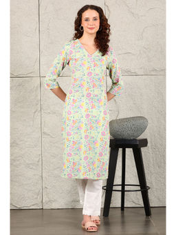 W - Mint Green Floral Printed Pure Cotton Kurta with Lace V-Neck