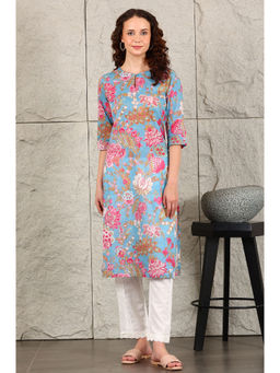 W - Sky Blue Floral Printed Pure Cotton Straight Kurta