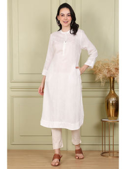 W - Solid Snow Linen Straight Kurta with Beads On Mandarin Collar