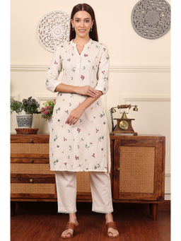 W - Off White Floral Printed Cotton Flax Straight Kurta