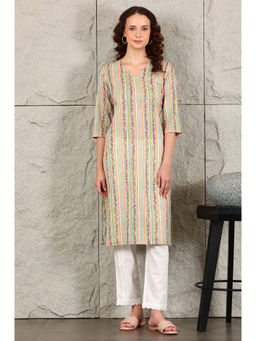 W - Multi-Color Floral Printed and Multi-Coloured Stripe Printed Cotton Blend Kurta