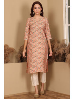 W - Peach Floral Printed Straight Kurta with Lace Highlight