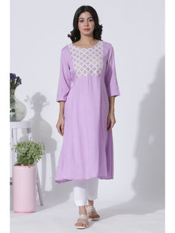 W - Purple Textured Swiss Dot A-Line Kurta with Thread Mesh Embroidered Yoke