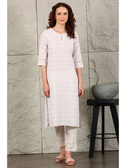 W - Beige Schiffli Embroidered Pure Cotton Straight Kurta
