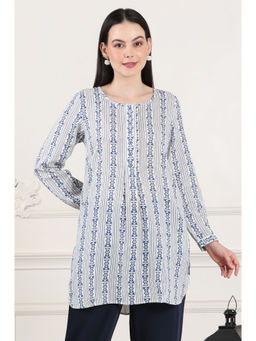 W - Floral Printed Rayon Flax Kurti with Front Pleats