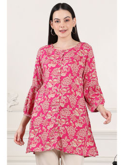 W - Pink Floral Printed Rayon Button Down Kurti