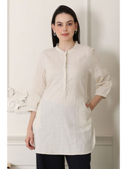 W - Solid Textured Cotton Flax Mandarin Collar Kurti