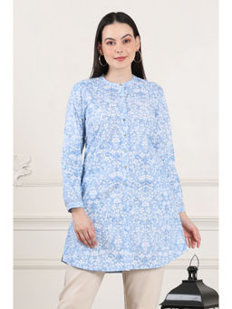 W - Blue Floral Printed Mandarin Collar Pure Cotton Kurti