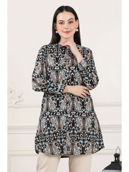 W - Black Floral Printed Pure Cotton Shirt Collar Kurti