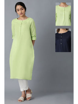 W - Green and Blue Solid Thread Work Straight Kurta (Pack of 2)