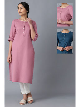 W - Mauve and Blue Solid Thread Work Straight Cotton Flax Kurta (Pack of 2)