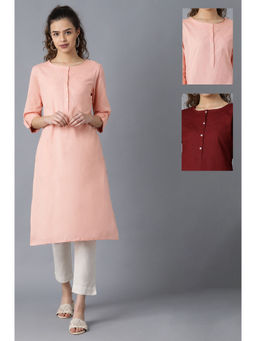 W - Peach and Maroon Solid Thread Work Straight Cotton Flax Kurta (Pack of 2)