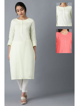 W - Yellow and Peach Solid Thread Work Straight Cotton Flax Kurta (Pack of 2)