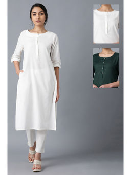 W - Dark Green and White Solid Thread Work Straight Cotton Flax Kurta (Pack of 2)