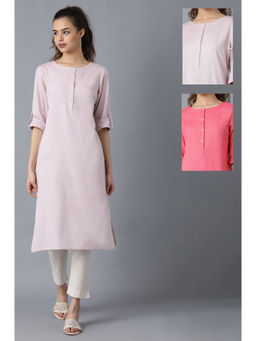 W - Light Purple and Pink Solid Thread Work Straight Cotton Flax Kurta (Pack of 2)