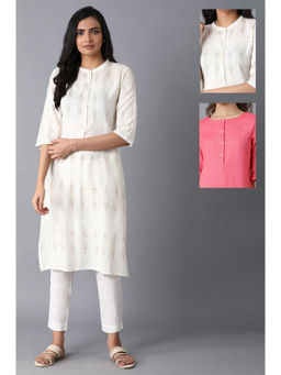 W - Floral Printed White Kurta and Pink Thread Work Kurta (Pack of 2)