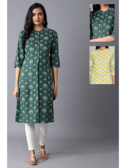 W - Dark Green and Light Green Printed Mandarin Collar Kurta (Pack of 2)