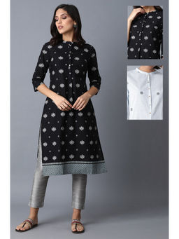 W - Black and Light Blue Printed Pure Cotton Straight Kurta (Pack of 2)