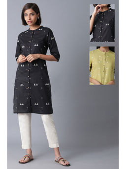 W - Black and Lime Green Printed Mandarin Collar Straight Kurta (Pack of 2)