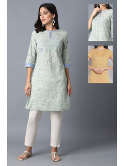 W - Yellow Printed Rayon Straight Kurta and Green Printed Cotton Straight Kurta (Pack of 2)