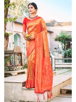 Sangam Prints - Orange Silk Woven Zari Work Traditional Tassel Saree with Unstitched Blouse