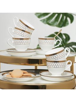 HomeTown - Amour Bone China Cup & Saucer Set Of 12 In Real Gold Plating & White Colour