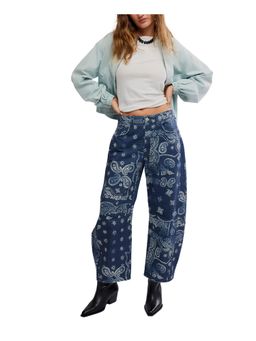 Free People - Good Luck Printed Barrel Jeans - Blue