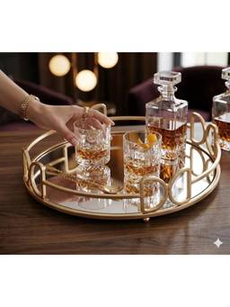 SAGE KONCPT - Stainless Steel Round D Design Serving Tray Gold Finish