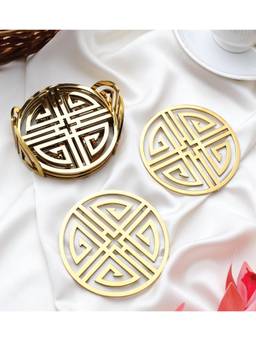 SAGE KONCPT - Stainless Steel Round Jali Coaster Set of 4 Gold Finish