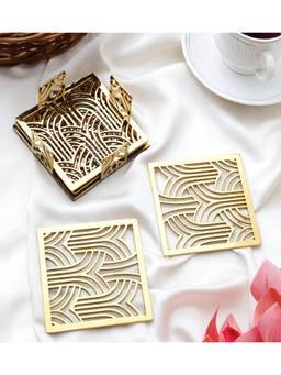 SAGE KONCPT - Stainless Steel Square Jali Coaster Set of 4 Gold Finish
