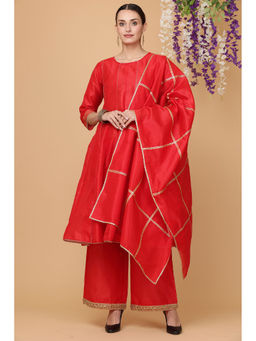 Kaanchie Nanggia - Red Kalidar Kurta Palazzo With Dupatta (Set of 3)