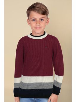 Allen Solly - Boys Maroon Stripe Regular Fit Sweater