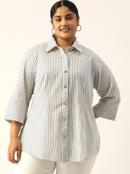 theRebelinme - Plus Size Womens Grey Striped Printed Cotton Shirt