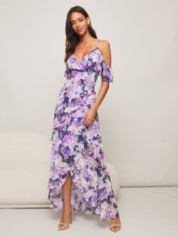 Lipsy - Cold Shoulder Purple Printed Wrap Maxi Dress