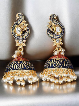 Fabula - Blue Meenakari Enamel With Kundan & Pearls Peacock Design Jhumkis