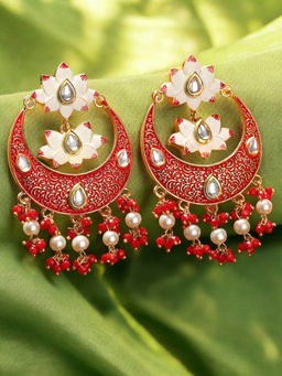 OOMPH - Red and White Meenakari with Kundan and Pearls Floral Lotus Large Chandbali Drop Earrings