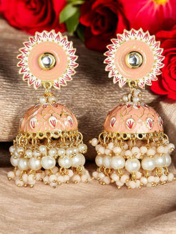 OOMPH - Pink Peach Meenakari Enamel Floral Large Ethnic Jhumkas
