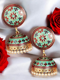 OOMPH - Green and Red Meenakari Enamel Floral Large Ethnic Jhumkas