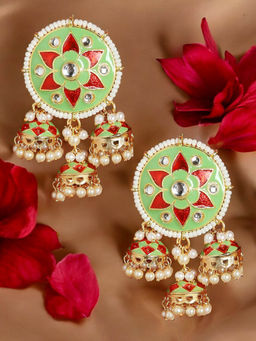 OOMPH - Green and Red Meenakari Enamel Floral Ethnic Jhumkas