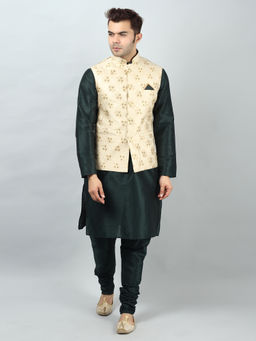 Uri and MacKenzie - Bottle Green Solid Silk Blend Kurta and Churidar with Nehru Jacket