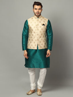 Uri and MacKenzie - Men Green Solid Silk Blend Kurta and Churidar with Nehru Jacket