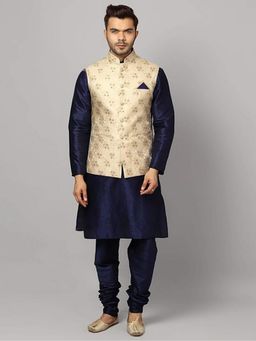 Uri and MacKenzie - Blue Solid Silk Blend Kurta and Churidar with Nehru Jacket