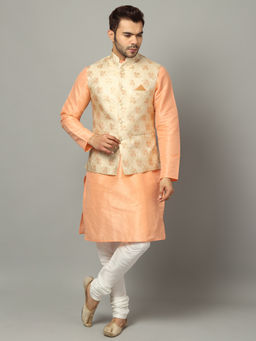 Uri and MacKenzie - Men Peach Solid Silk Blend Kurta and Churidar with Nehru Jacket
